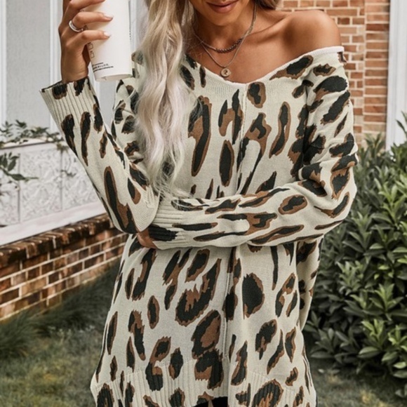 V Neck fall Leopard print Knit Tunic Sweater tan - Picture 4 of 5